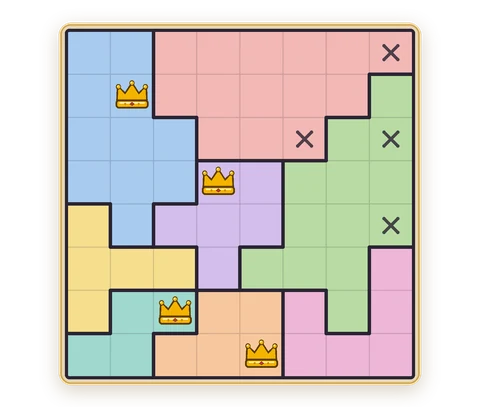 A Crownplot board, half solved, with coloured regions, gold crowns and X marks