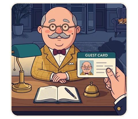 A guest in a checked suit and bow tie at the night desk of the Grand Nocturne hotel, his guest card held up for checking