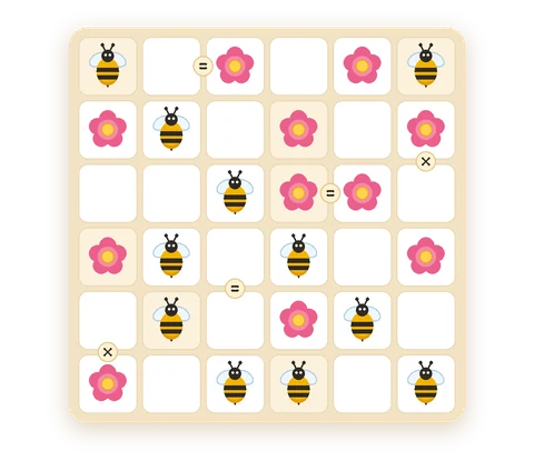 A Halfhive board, half solved, with bees, blossoms and = and × signs